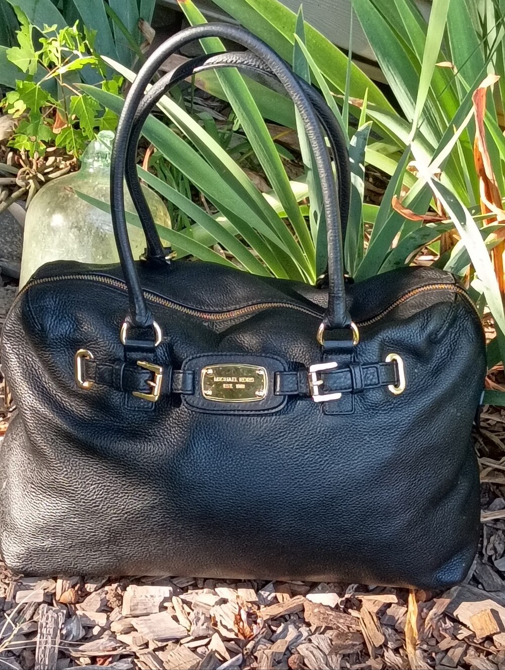 Michael Kors Hamilton Weekender Black Leather Satchel with Gold Hardware